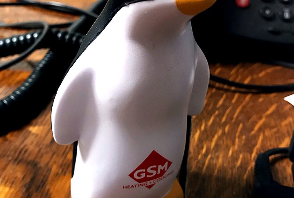 A squeezy penguin with corporate logo imprint.