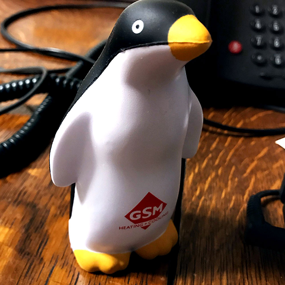 A squeezy penguin with corporate logo imprint.